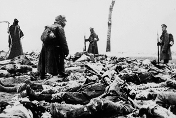 Death (far left) watches as WWI German soldiers wade through mounds of fallen French infantrymen to make sure none are still alive.